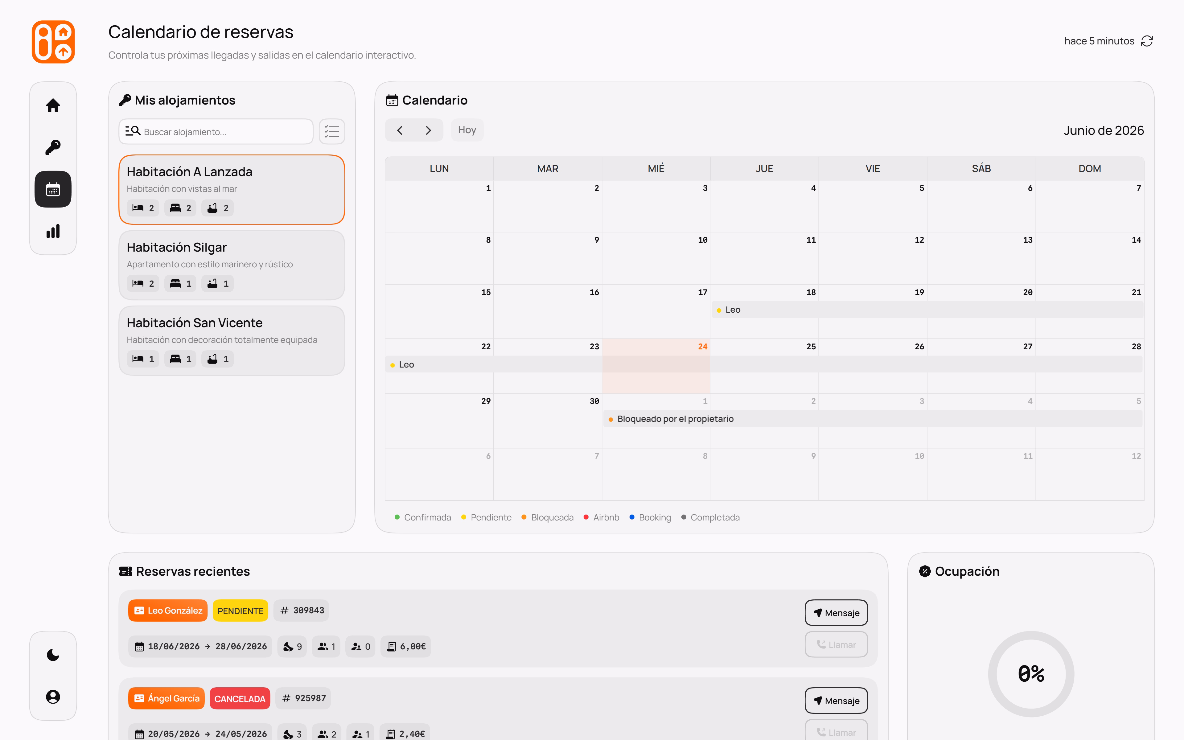 XeitoBook - Vista mensual y de lista de reservas en el calendario interactivo del gestor