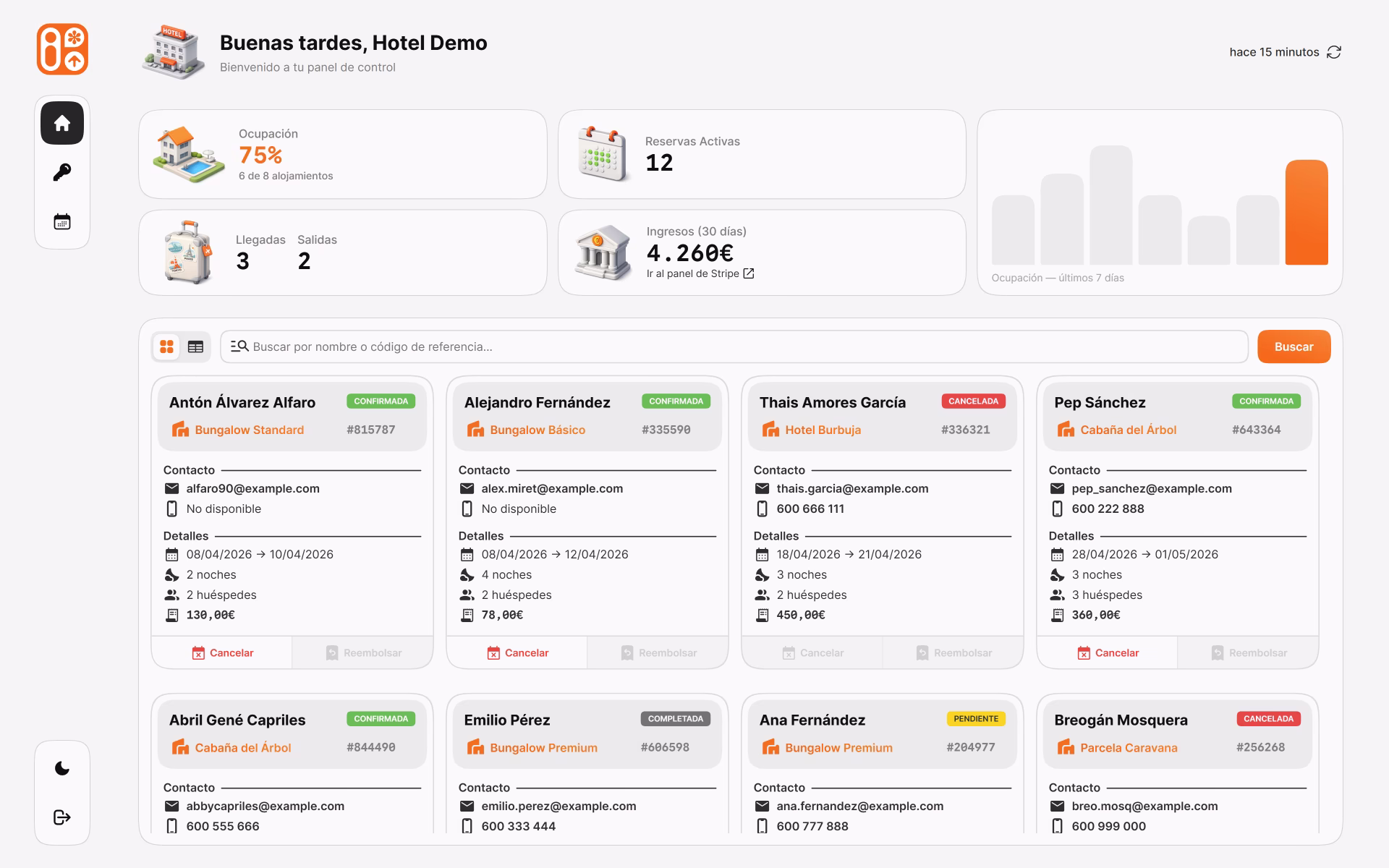 XeitoBook - Vista del panel de gestión en escritorio con sidebar de navegación, estadísticas de ocupación y tabla de reservas