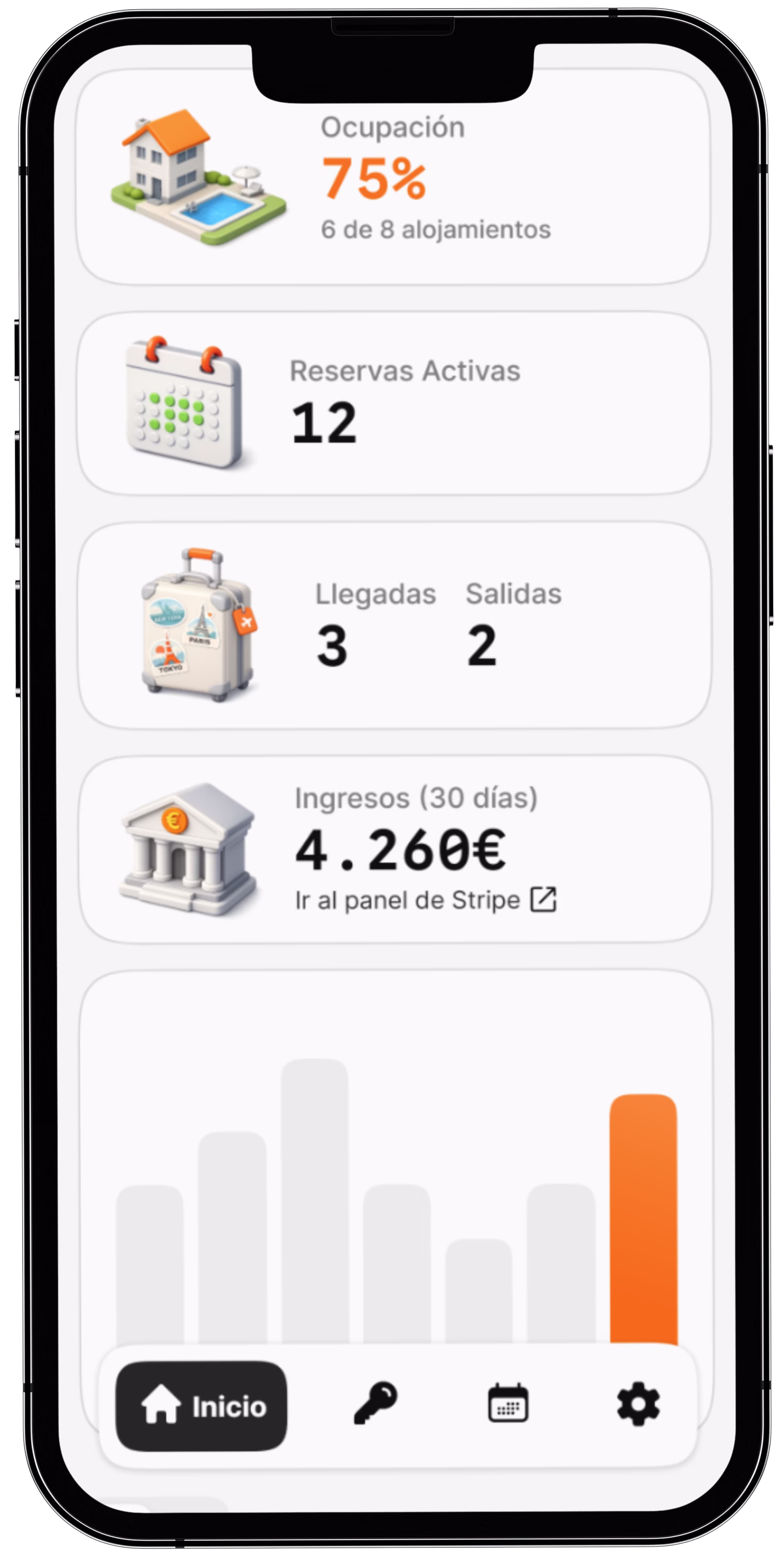 XeitoBook - Vista del panel de gestión en móvil con estadísticas, gráfico de ocupación y listado de reservas